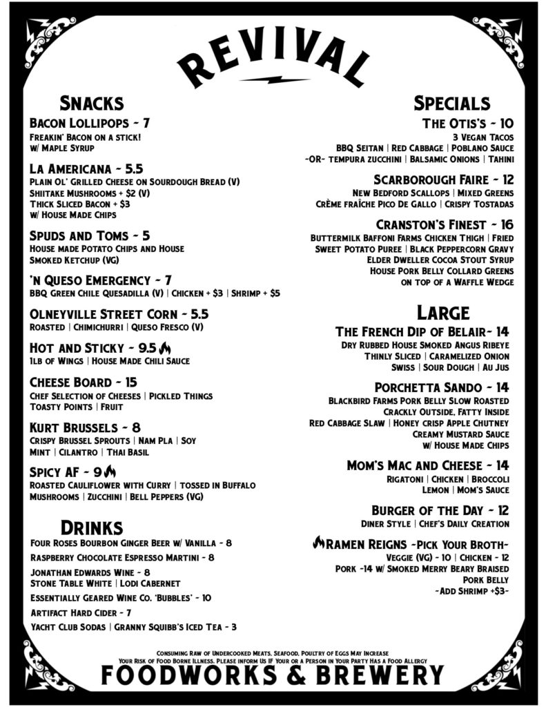 Revival brewing food menu