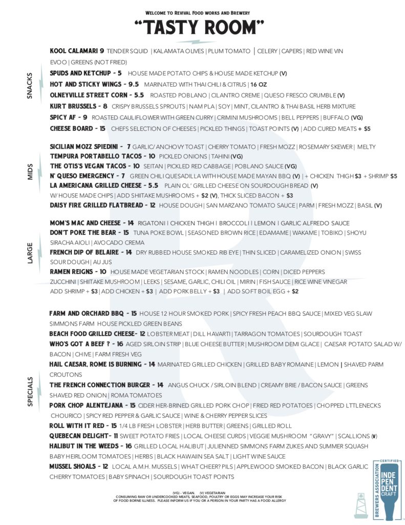 Revival Brewery Food Menu as of 8/9/19