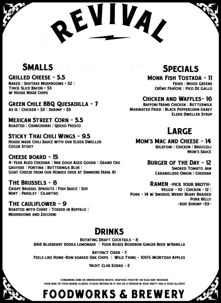 Menu from Revival Foodworks & Brewery in Cranston