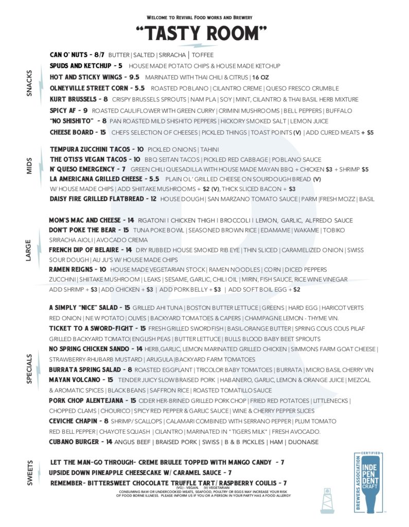 Revival Brewing's Tasty Room Food menu as of 6/17/19