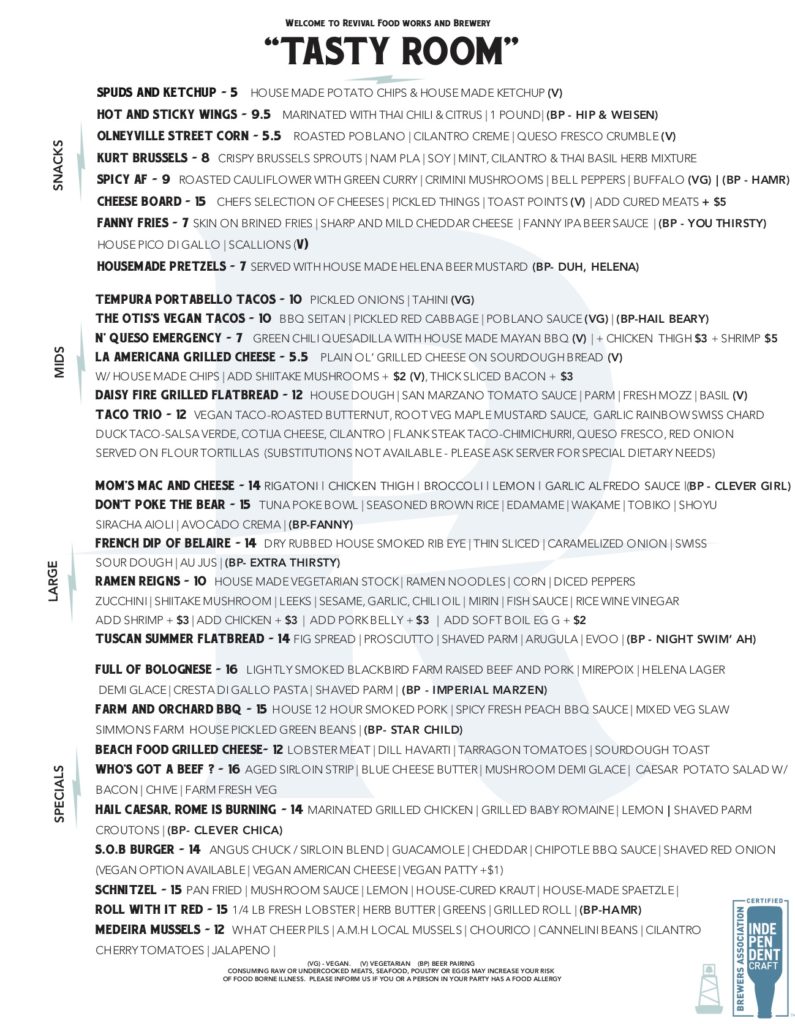Revival Brewing's food menu for October 2019