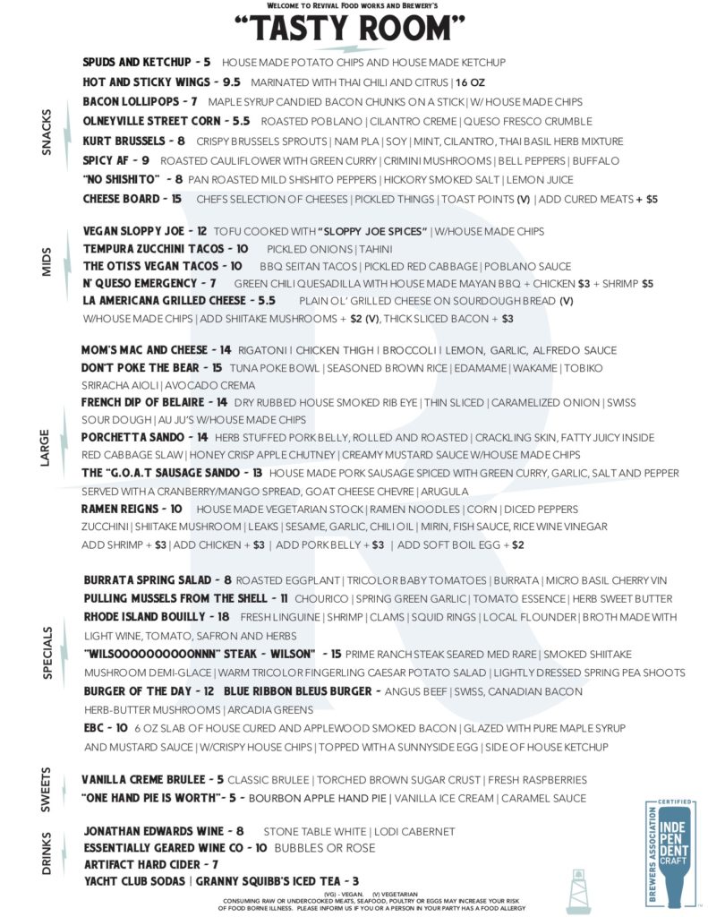 Revival Brewing's Tasty Room menu as of April 19th, 2019