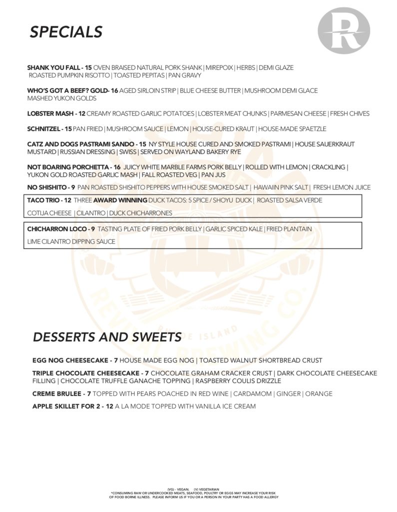 December Specials and Desserts for Revival Brewing's Tasty Room 
